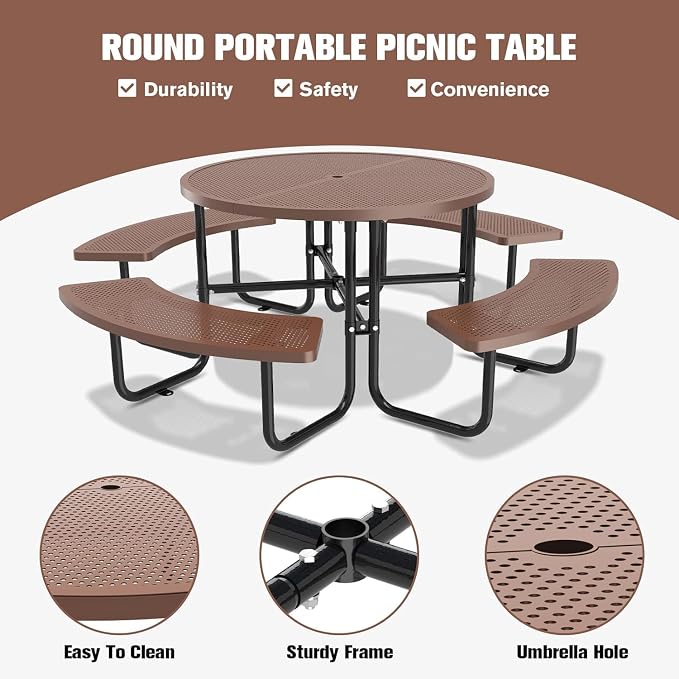46'' Round Outdoor Metal Picnic Table Expanded,Lifetime Steel Picnic Table with Umbrella Hole,Heavy Duty Sturdy Commercial for Patio, Backyard, Garden, DIY (Includes 4 Built-in Benches),Coffee