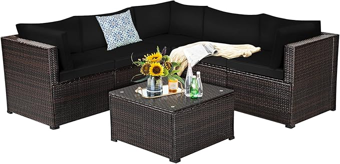 Tangkula 6 Pieces Patio Furniture Set, Outdoor Rattan Sofa Set, Wicker Conversation Set w/Tempered Glass Coffee Table & Cushions, Sectional Sofa Set for Backyard, Garden, Balcony, Poolside (Black)