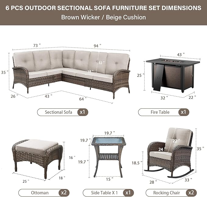 Belord 8 Pieces Patio Conversation Set with 43” Propane Fire Pit Table, Outdoor Sectional Furniture Sofa Set with Removable Beige Cushions for Patio Deck Backyard Brown