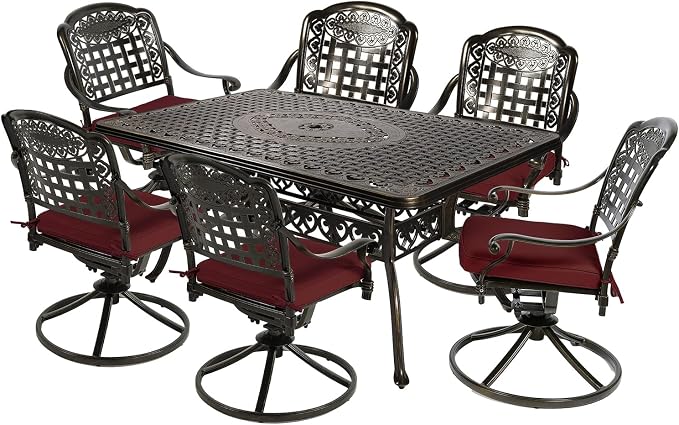 MEETWARM 7-Piece Outdoor Patio Dining Set, All-Weather Cast Aluminum Patio Conversation Set with 6 Cushioned Swivel Rocker Chairs for Backyard Garden Deck, 1 Rectangular Table, Chili Red