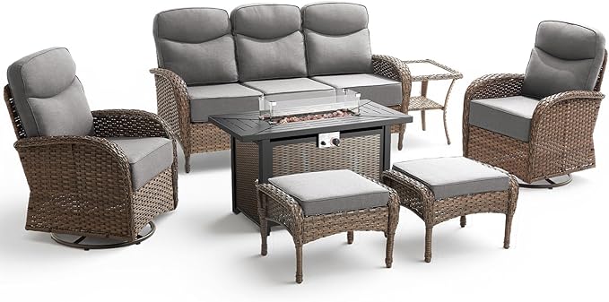 Luxury Patio Furniture Set with 42.5" Fire Pit Table, 6-Inch Thick Cushions Wicker Outdoor Furniture with Wicker Swivel Patio Chairs Set of 2, Patio Conversation Set for Deck Garden Porch, Gray