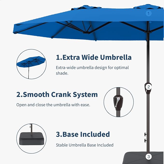 15FT Double Sided Patio Umbrella with Base Included Large Outdoor Market Umbrella with Crank Handle, UV Resistant Canopy, Sturdy Frame for Garden, Poolside, Deck, Royal Blue
