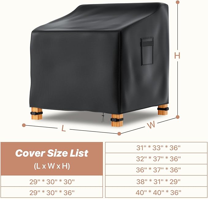Likorlove Patio Chair Covers Waterproof – Fits up to 40" W x 40" D x 36" H, 600D Heavy Duty Outdoor Lounge Chair Covers, UV & Fade Resistant, Windproof with Buckles & Drawcord, Black (2Pack)