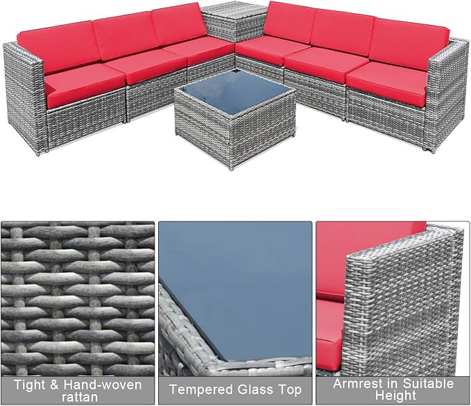RELAX4LIFE 8-Piece Patio Furniture Set - PE Wicker Conversation Set w/Soft Cushions & Tempered Glass Storage Table, Outdoor Sectional Sofa Set for Garden, Poolside, Backyard (Red)