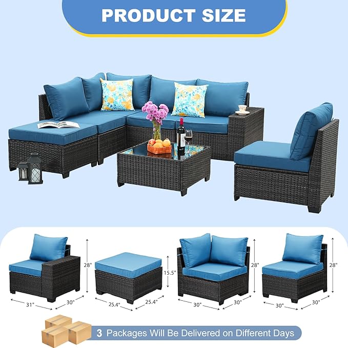 7 Pieces Outdoor Patio Furniture Set, Wicker Conversation Sets with Tea Table, Rattan Patio Sofa with Thick Cushions for Garden, Backyard Porch, Poolside,Peacock