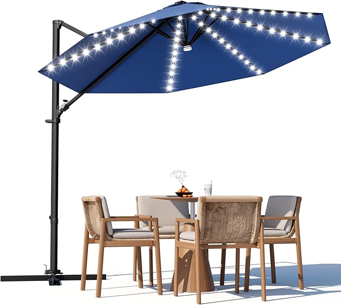 Greesum 10FT Outdoor Patio Umbrella with High Pedel and 4 Gear Heights, Large Offset Umbrella with Solar LED Lights and 360-degree Rotation, Without Base, Hanging Outdoor Shade for Garden, Deep Blue