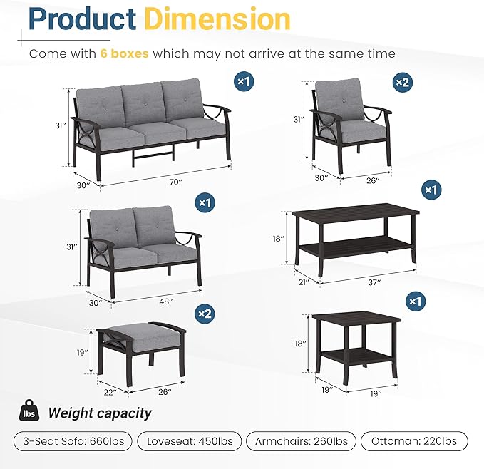 RoyalCraft 8-Pieces Outdoor Patio Furniture Set, Outdoor Metal Sectional Furniture with Cushions, Outdoor Conversation Seating Set with Coffee Table for Balcony, Backyard, Garden, Deck, Grey