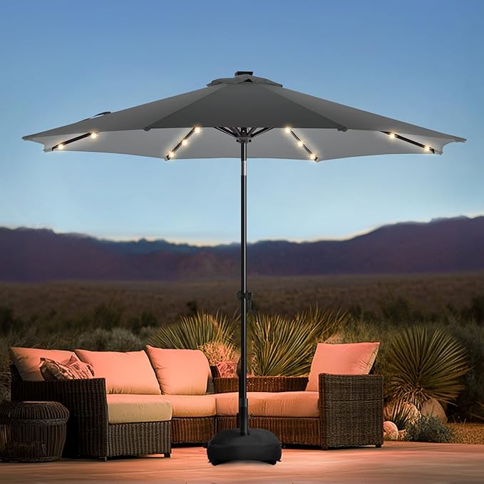 wikiwiki 10FT Solar Led Patio Umbrella with Base Included, 32 LED Lights, 8 Sturdy Ribs, Fade Resistant Waterproof POLYESTER DTY Canopy for Garden, Lawn, Deck, Backyard & Pool, Dark Gray