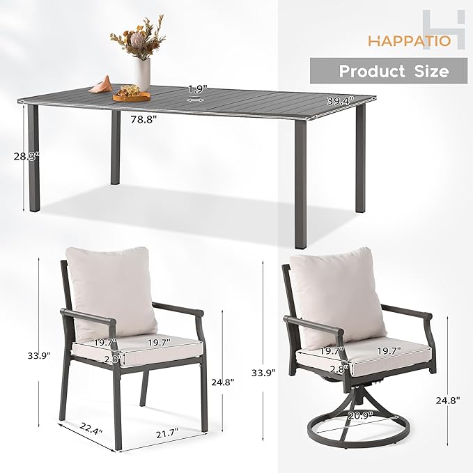 HAPPATIO Patio Dining Set, Powder-Coated Metal Outdoor Table and Chairs Set for 8, 6 Chairs and 2 Swivel Rockers with Thick Cushions, 80" Rectangular Table with 1.5" Umbrella Hole for Deck Yard