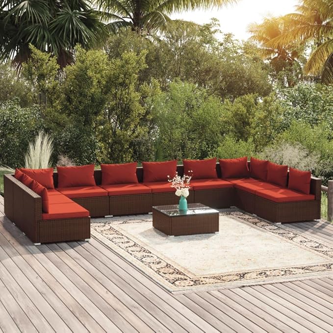 11 Piece Patio Lounge Set with Cushion, Furniture Conversation Sets Piece Patio Set Outdoor Patio Sectional Patio Lounge Set s Poly Rattan Brown