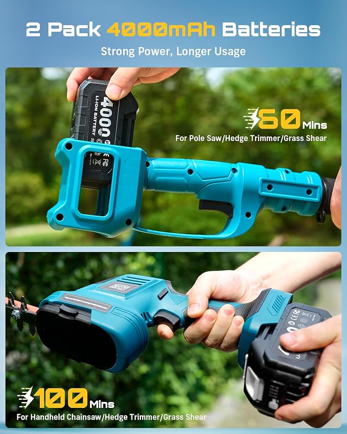 SEESII 6-in-1 Cordless Pole Saw & Hedge Trimmer Combo, Electric Mini Chainsaw with 2×4.0 Ah Batteries, Extendable Tree Pruner, Bush Trimmer Limb Branch Cutter, Grass Shears, 15Ft Long Reach