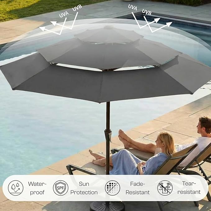 10ft 3-Tier Patio Umbrella with 32 Solar Powered LED Lights, Windproof Outdoor Market Umbrella for Deck, Poolside & Garden, Sturdy Push-Button Tilt Table Umbrella, Gray