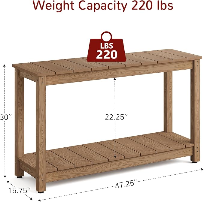 Stoog All-Weather Patio Console Table, 2-Tier Outdoor Table with Adjustable Feet, Never Fade or Rot, for Backyard, Deck, Entryway, and Garden, Teak