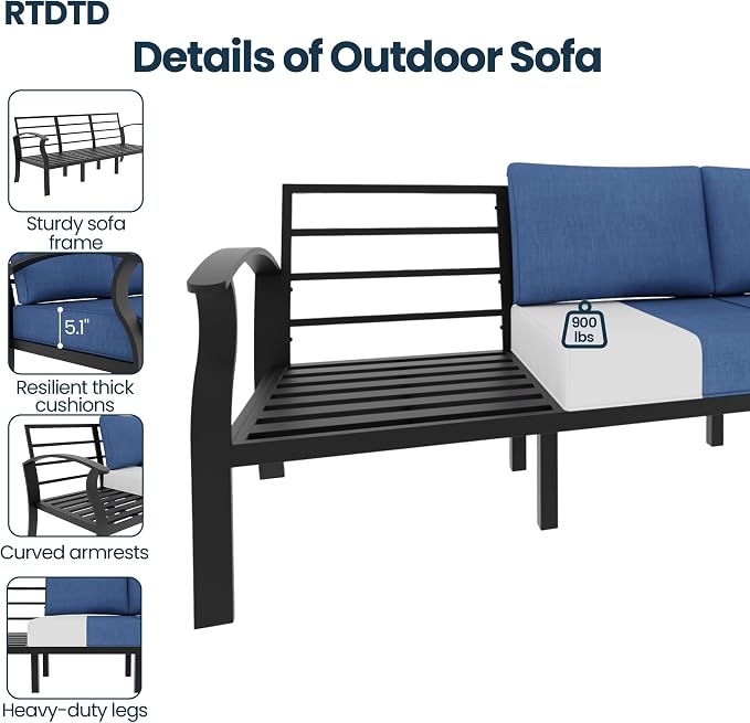 Aluminum Outdoor Patio Furniture Set,5 Seats Patio Conversation Sets with 45" Propane Fire Pit Table 2 Ottomans,Metal Furniture Set with 2 Swivel Rocking Chairs,Navy Blue