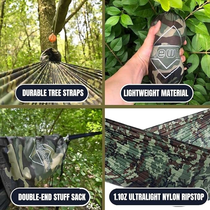 Onewind Camping Hammock, Ultralight Portable Hammock with Adjustable Ridgeline, Outdoor Hammock 20D Ripstop Nylon with 2 * 12Ft Tree Strap, Ideal for Camping, Hiking, Backpacking