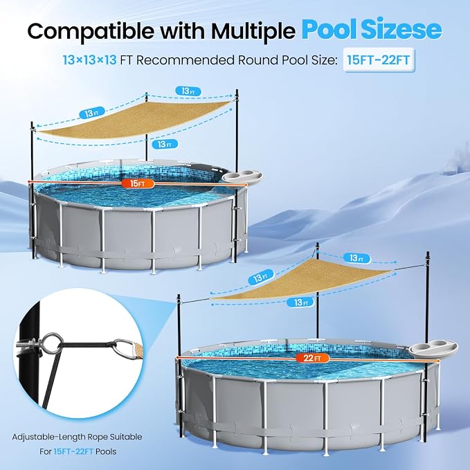 Above Ground Pool Canopy Sunshade Set with Storage Tray - Pool Shade Sail Triangular 13'x13'x13' for 15-22 FT Pools, UV-Resistant Shade Cloth, Swimming Pool Awning Cover for Deck, Patio, Garden