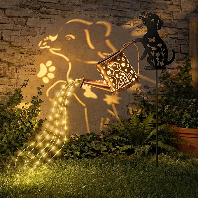 Solar Watering Can with Light, Outdoor Garden Decoration, Featuring A Metal Dog Statue Garden Stake; Makes A Great Gift for Women, for Outdoor Landscaping, Lawns, and Pathway