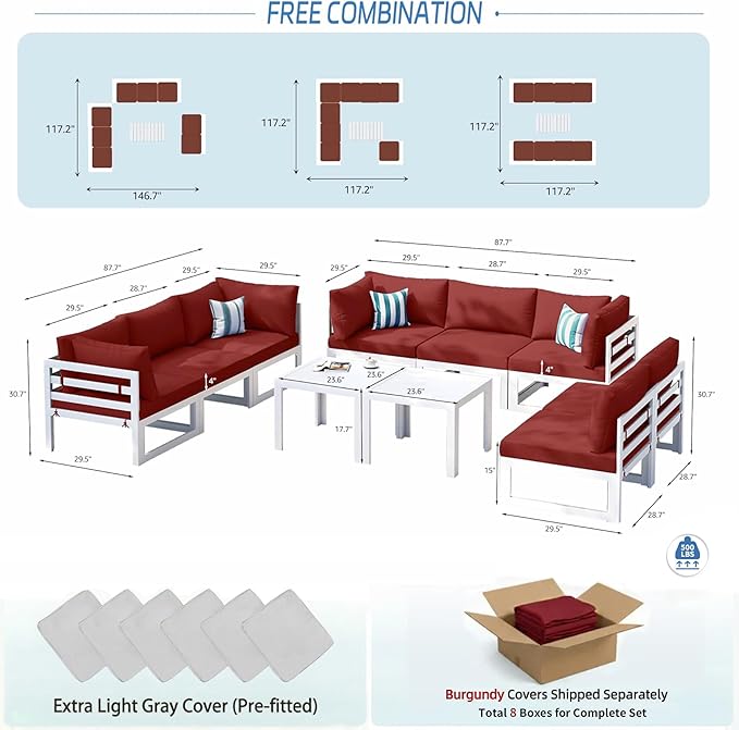 NICESOUL 10 Piece Modern Aluminum Patio Furniture Set, 500 lbs Heavy Duty Durable Outdoor Sectional Sofa, 29" Deep Wide Oversized Seating, L Shaped Comfortable Conversation Couch for Outside Deck, Red