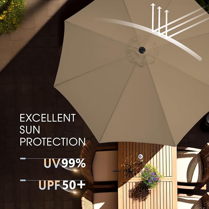 wikiwiki 10 FT Patio Umbrellas Outdoor Table Market Umbrella with Push Button Tilt/Crank, 8 Sturdy Ribs, Fade Resistant Waterproof POLYESTER DTY Canopy for Garden, Lawn, Deck, Backyard & Pool, Tan