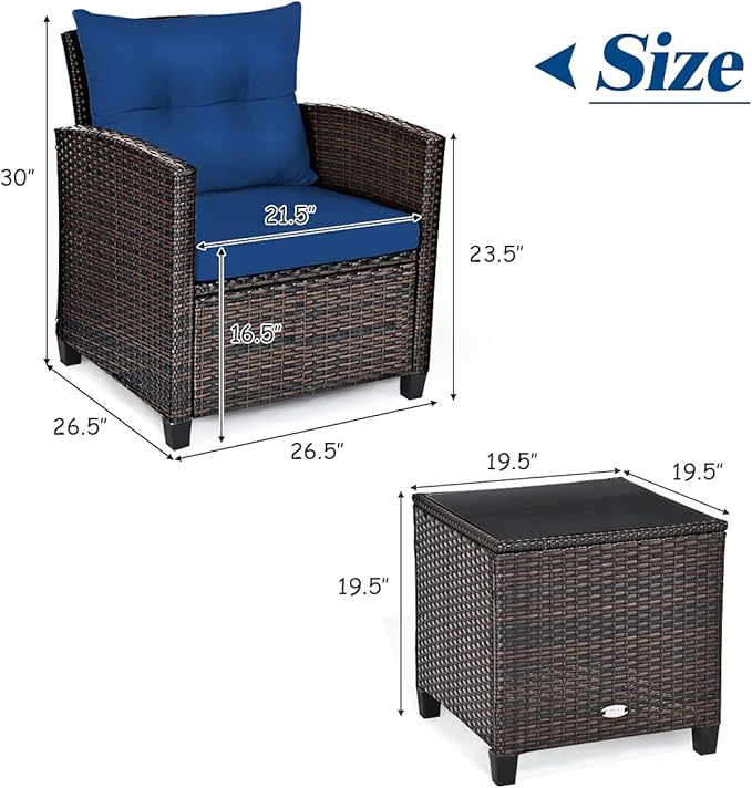 3-Piece Wicker Patio Furniture Set, Outdoor Sofa Set with Water-Resistant Cushion & Tempered Glass Table, Modern Navy Blue Patio Set