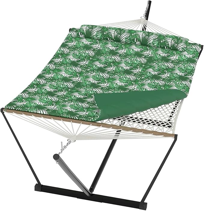 Double Hammock with Stand for Outdoor, Portable Hammock with Soft Pillow, Balance Ropes, for Patio, Garden, Backyard, Beach