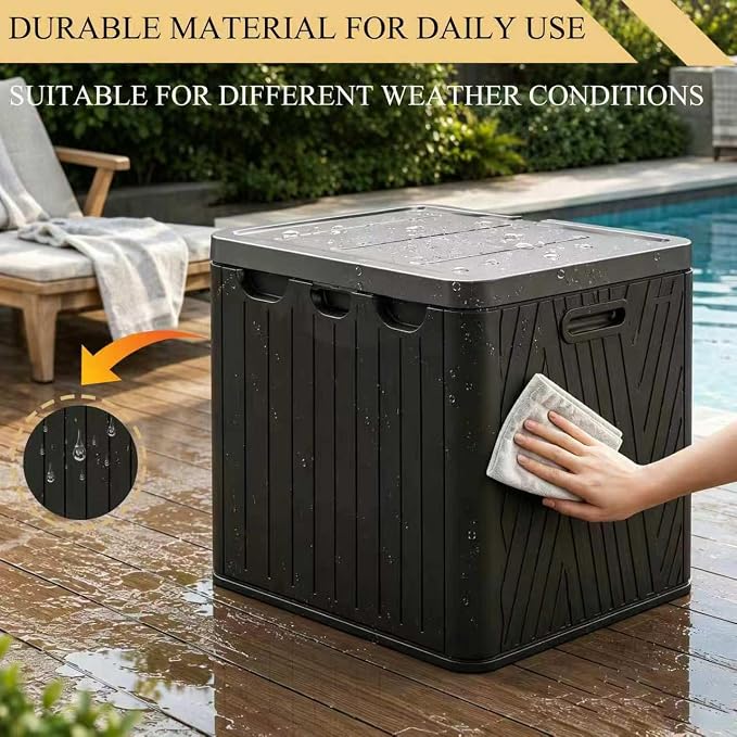 110 Gallon Outdoor Storage Deck Box, Resin Deck Boxes with Handle, Waterproof & Lockable for Patio Furniture, Home Storage, Garden & Pool Tools -Swimming Pool, Black