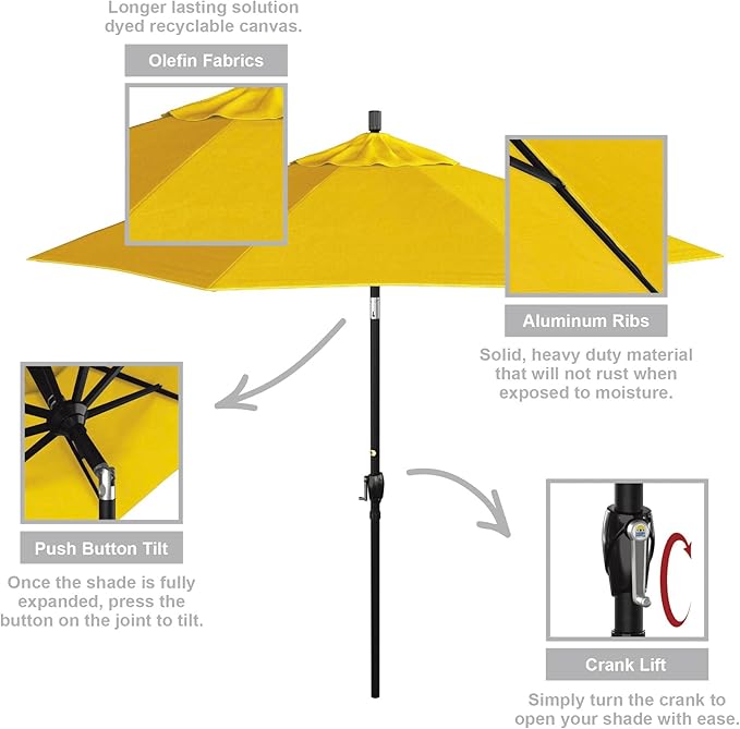 California Umbrella 9' Round Aluminum Market Umbrella, Crank Lift, Push Button Tilt, Black Pole, Lemon Olefin