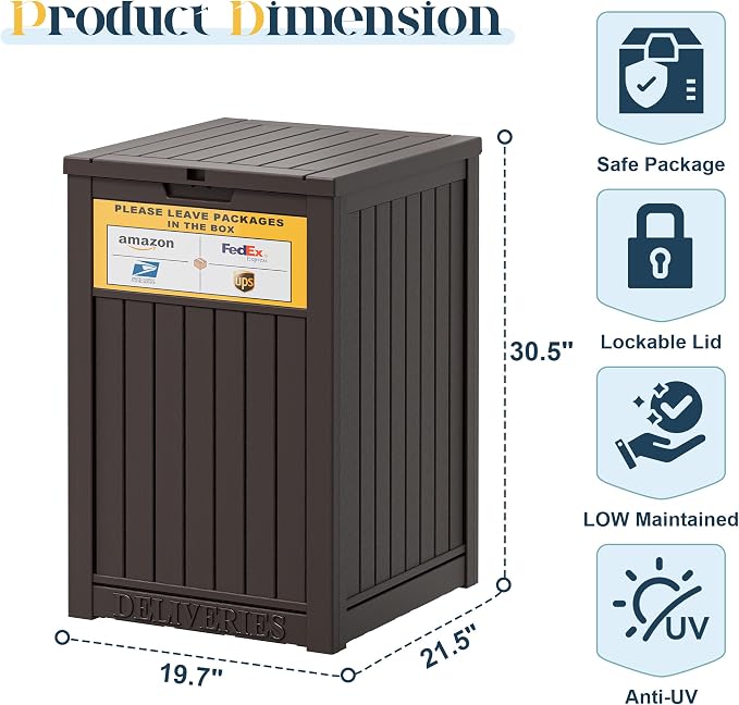 Package Delivery Box for Outside With Sign, Lockable Outdoor Storage Box Waterproof Deck Box, Large Double Wall Resin Parcel Drop Boxes, 48 Gallon, Classic Brown