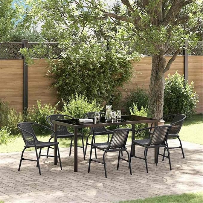 Afuera Living 7 Piece Poly Rattan Garden Dining Set, Black Powder-Coated Steel Frame, Tempered Glass Tabletop, Modern Outdoor Patio Dining Furniture for 6, Easy Assembly, Weather-Resistant