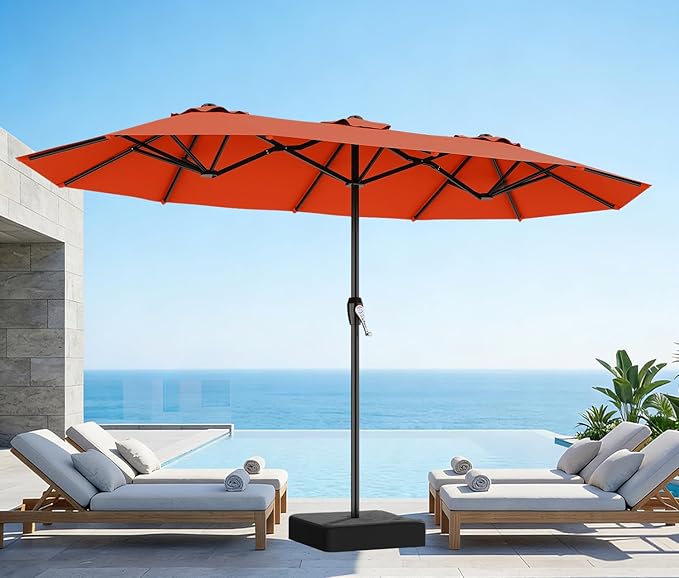 AreShark 15ft Patio Umbrella with Base, Double Sided Outdoor Umbrella with 12 Fiberglass Ribs, Large Outdoor Umbrella for Garden, Pool, Deck, Backyard & Market, Orange