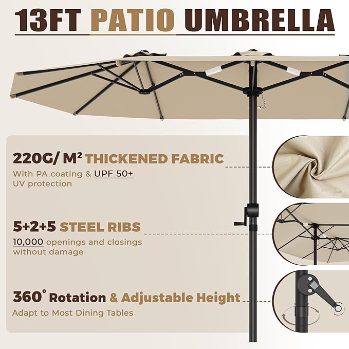 GDPFN 13FT Large Patio Umbrella, Outdoor Deck Standing Umbrella with Crank Handle, Double-Side Rectangular Pool Umbrella for Outside, Market, Patio, Beige (Base Not Include)