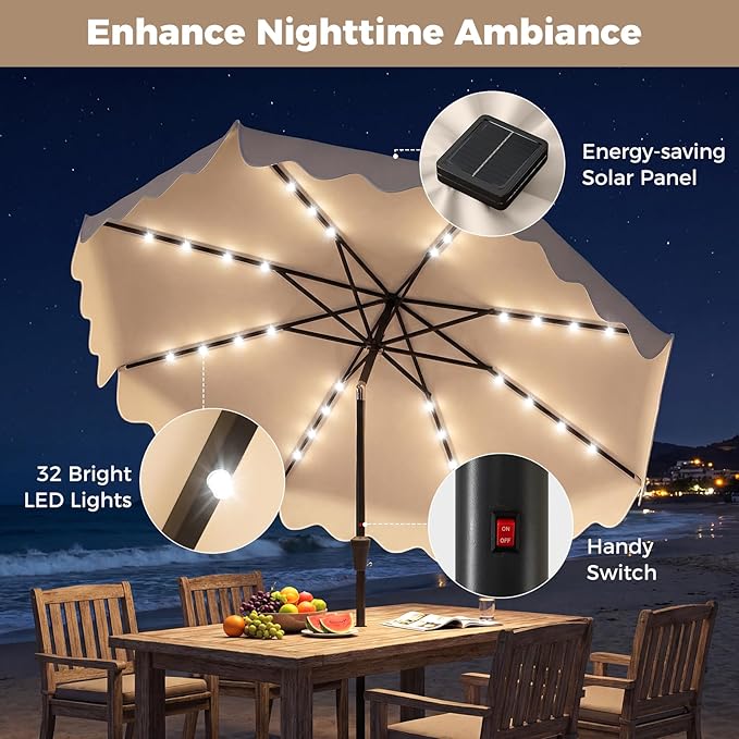 Tangkula 10 FT Solar Patio Umbrella with Base Included, 2-Tiers Outdoor Scalloped Table Umbrella with 32 LED Lights, 2 Sandbags, Tilt Adjustment, Crank, 8 Ribs for Market Backyard Pool Deck Beach Lawn (Beige, 10 FT)