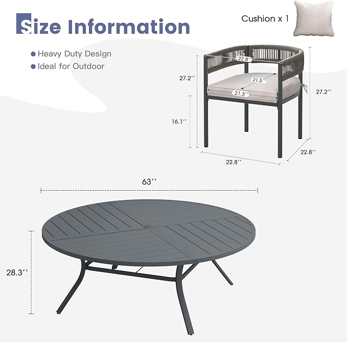 VICLLAX Patio Dining Set, 63.1" Dark Grey Table & 6 Chairs with Wheat Cushion
