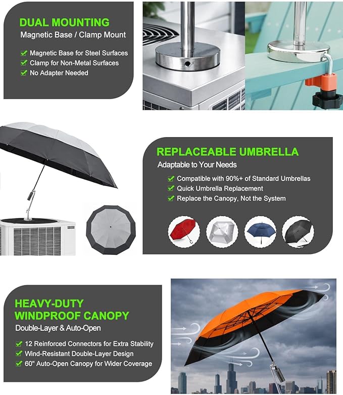 Magnetic Umbrella with Base Kit, Folding HVAC Umbrella with Magnetic Base & Clamp, Stay Cool and Dry for Rooftop & Construction