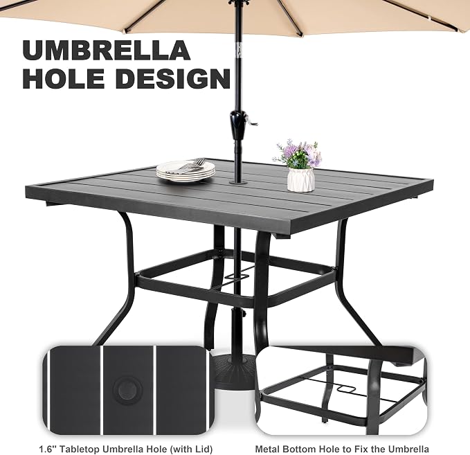 NUU GARDEN 5-Piece Outdoor Dining Set, Metal Swivel Chairs for 4 | All-weather blue patio furniture set for 4. Breathable textilene swivel rockers. Metal table with umbrella hole