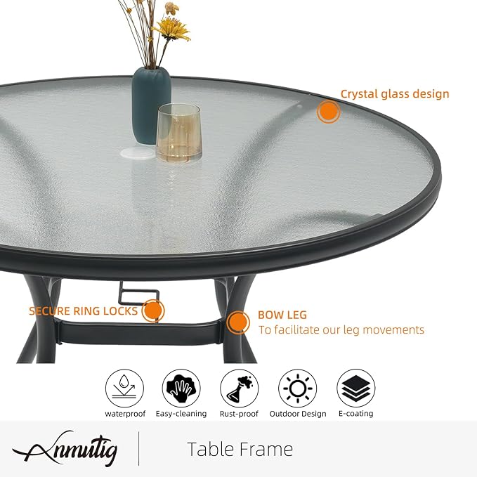 5 Piece Outdoor Dining Set with 40" Round Glass Table and Beige Grey Chairs | 4 Piece Stackable Chairs Textilene Seat and Back, Table and Chair with Metal Frame, Round Glass Table Top, 1.7" Umbrella Hole