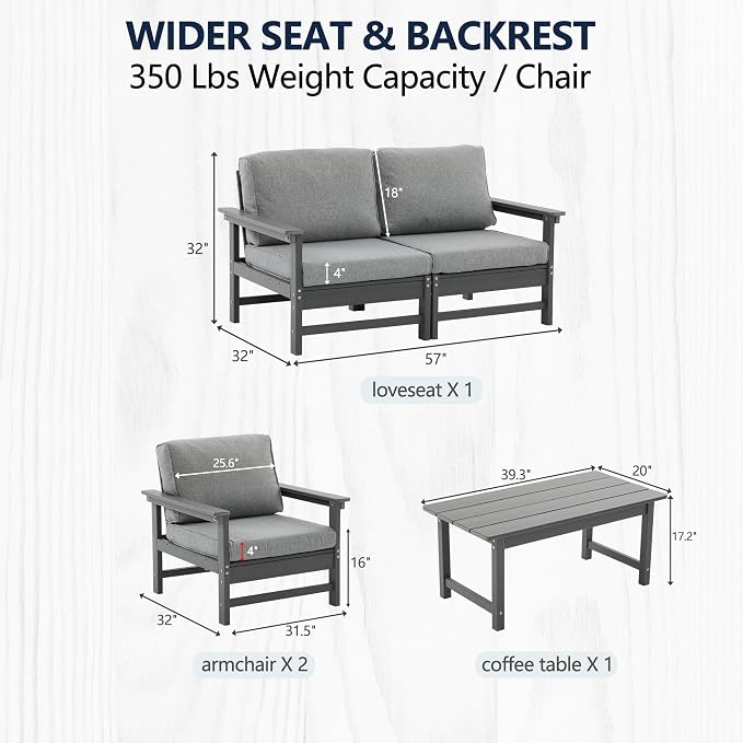 4-Piece Outdoor Patio Furniture Set, Modular HDPE Conversation Set with Loveseat, 2 Armchairs & Large Coffee Table, Waterproof & UV-Resistant Outdoor Sofa with Cushions for Garden