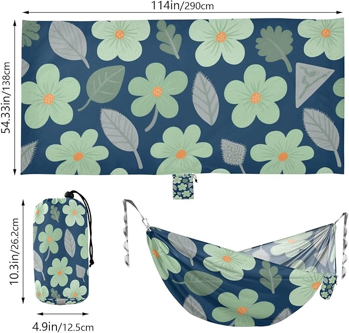 Dark Green Flowers and Leaf Dark Blue 330lb Capacity Outdoor Hammock with Tree Straps Indoor Hammock for Outside Patio Backyard Poolside hamaca con soporte para adultos