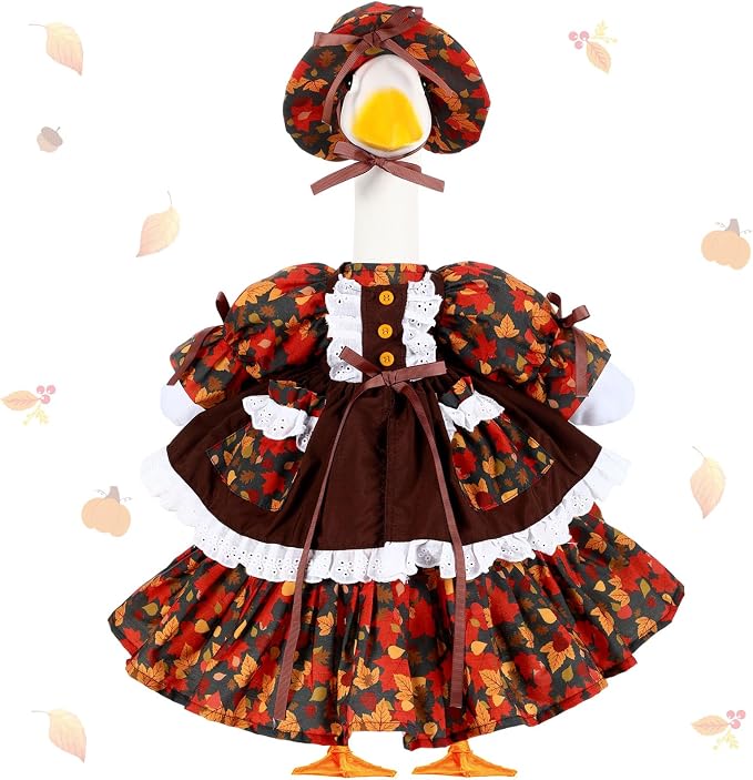 FuWeave Fall Porch Goose Outfit Maple Goose Costume Fancy Porch Geese Clothes with Wide Hat for 23" 17" Outdoor Patio