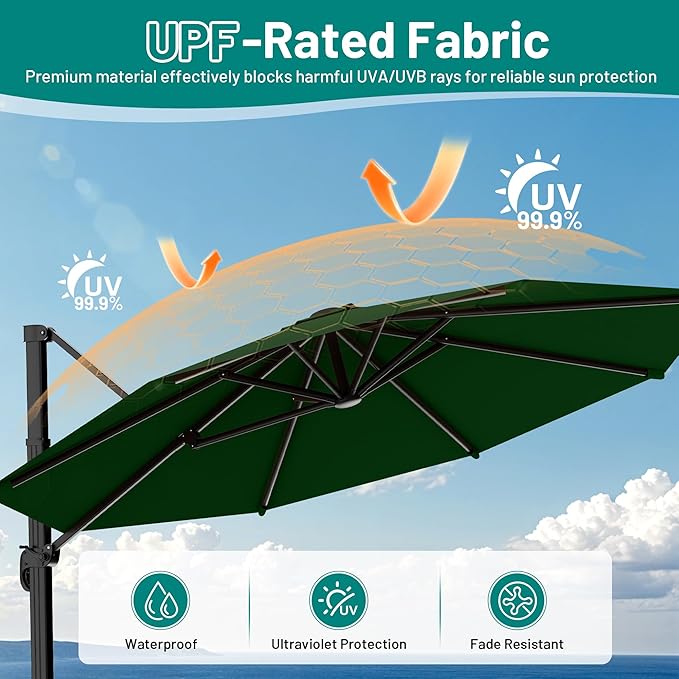 AreShark 11FT Round Cantilever Patio Umbrella with Base Included, 360° Rotation Offset Outdoor Umbrella, 5 Tilt Settings Heavy Duty Hanging Parasol for Deck Garden Pool, Dark Green