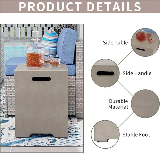 COSIEST Outdoor Hideaway Tank Table for Gas Fire Pits, Hides Standard 20lb 16-inch Propane Tank Cover w Side Handles (Mist Gray)