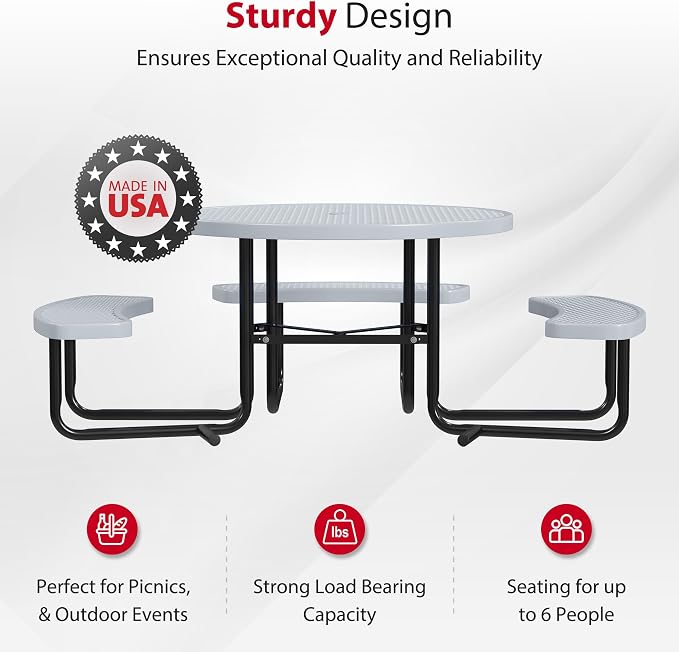 Leisure Craft Metal Picnic Table with Bench - 46" Round Outdoor Dining Table with Umbrella Hole, Heavy Duty Thermoplastic Coating, ADA Compliant, Commercial Grade Furniture Made in USA - Gray