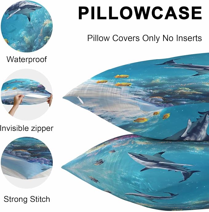 JasmineM Outdoor Pillow Cover Set of 2 Ocean Shark Waterproof Throw Pillow Covers Underwater Decorative Pillowcases Garden Cushion Case for Patio Couch Sofa 20x20 Inch