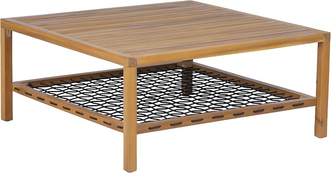 Christopher Knight Home Outdoor Acacia Wood Coffee Table with Woven Rope Storage Shelf Square Patio Coffee Table 35.43 Inch for Balcony Backyard Poolside Natural Wood Finish