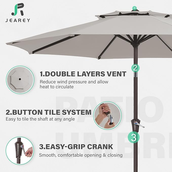 JEAREY 9' 2-Tiers Patio Umbrellas Outdoor Table Market Umbrella w/Push Button Tilt/Crank, 8 Sturdy Ribs, UV Protection Waterproof Sunproof(Fog Gray)