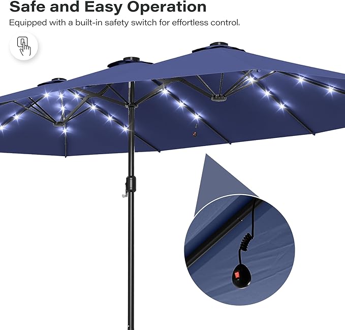 EO Living 13ft Large Patio Umbrella with Solar Lights, Double-Sided Rectangle Outdoor Umbrella with Base Included, 24 LED Lights Table Umbrella for Poolside Deck Market (Navy Blue)