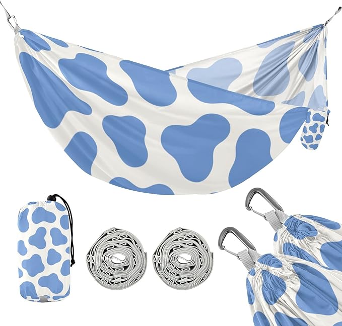 Cow Print Blue 330lb Capacity Camping Hammock with Tree Straps Cloth Hammock for Outside Beach Patio Garden Base para hamaca