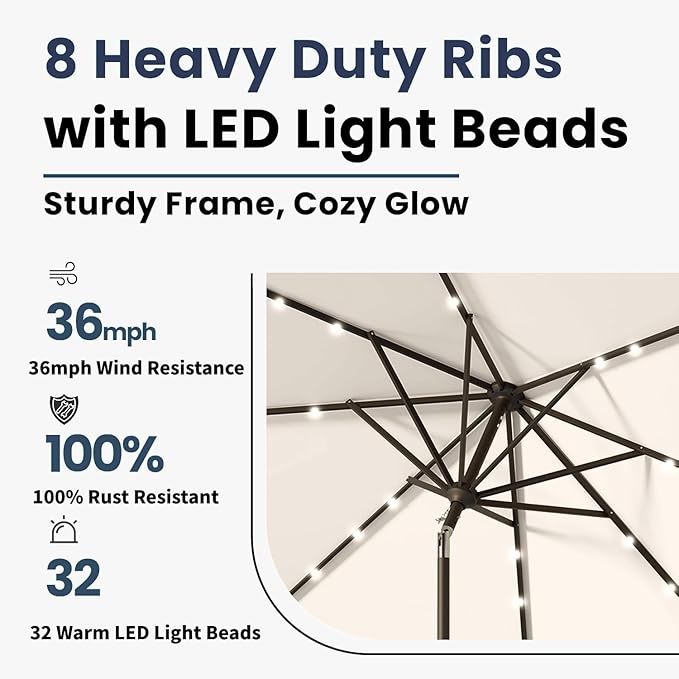 9FT Solar Umbrella 32 LED Lighted Patio Umbrella Table Market Umbrella w/Tilt and Crank, UV-Resistant Outdoor Umbrella for Pool, Garden, Deck, Creamy White
