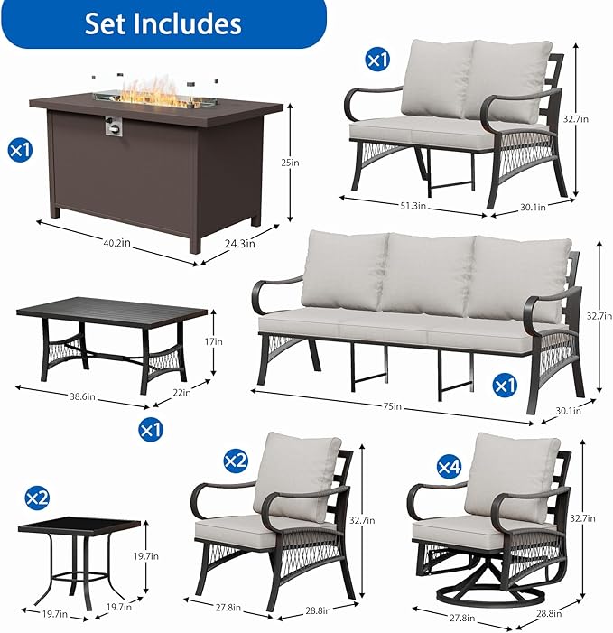 12 Piece Patio Furniture Set, All Weather Metal Outdoor Conversation Set with 50000 BTU Propane Fire Pit Table and 5" Thick Cushions, Sectional Sofa for Garden, Porch, Lawn, Beige