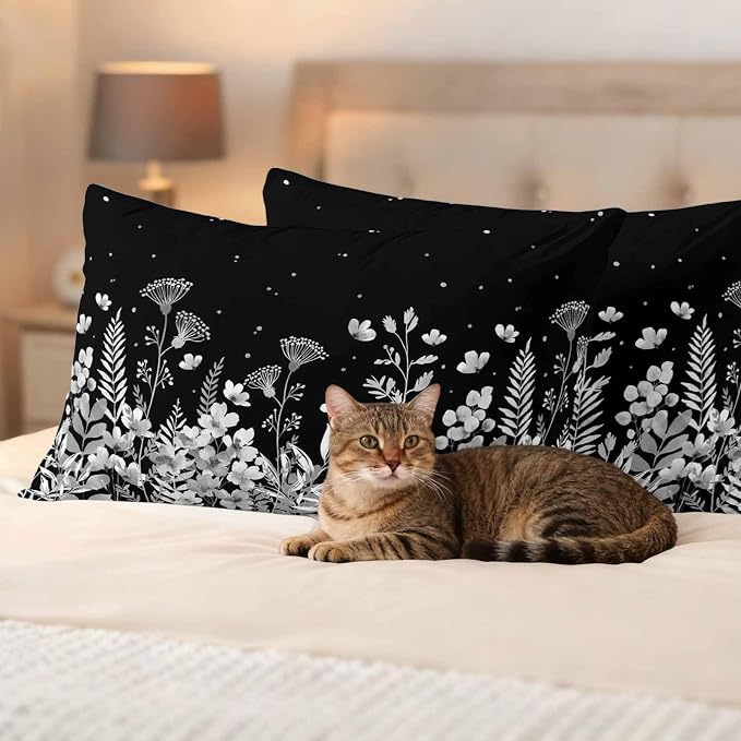 Outdoor Pillow Covers Waterproof, Vintage Floral Decorative Rectangle Throw Pillowcases Patio Cushion Covers for Tent/Garden, 20" x 12" 2 Pack, Spring Wildflowers Country Botanical Black